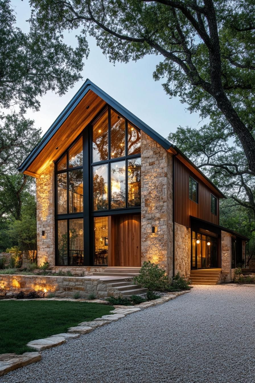 A modern barn-style home with tall windows and stone facade