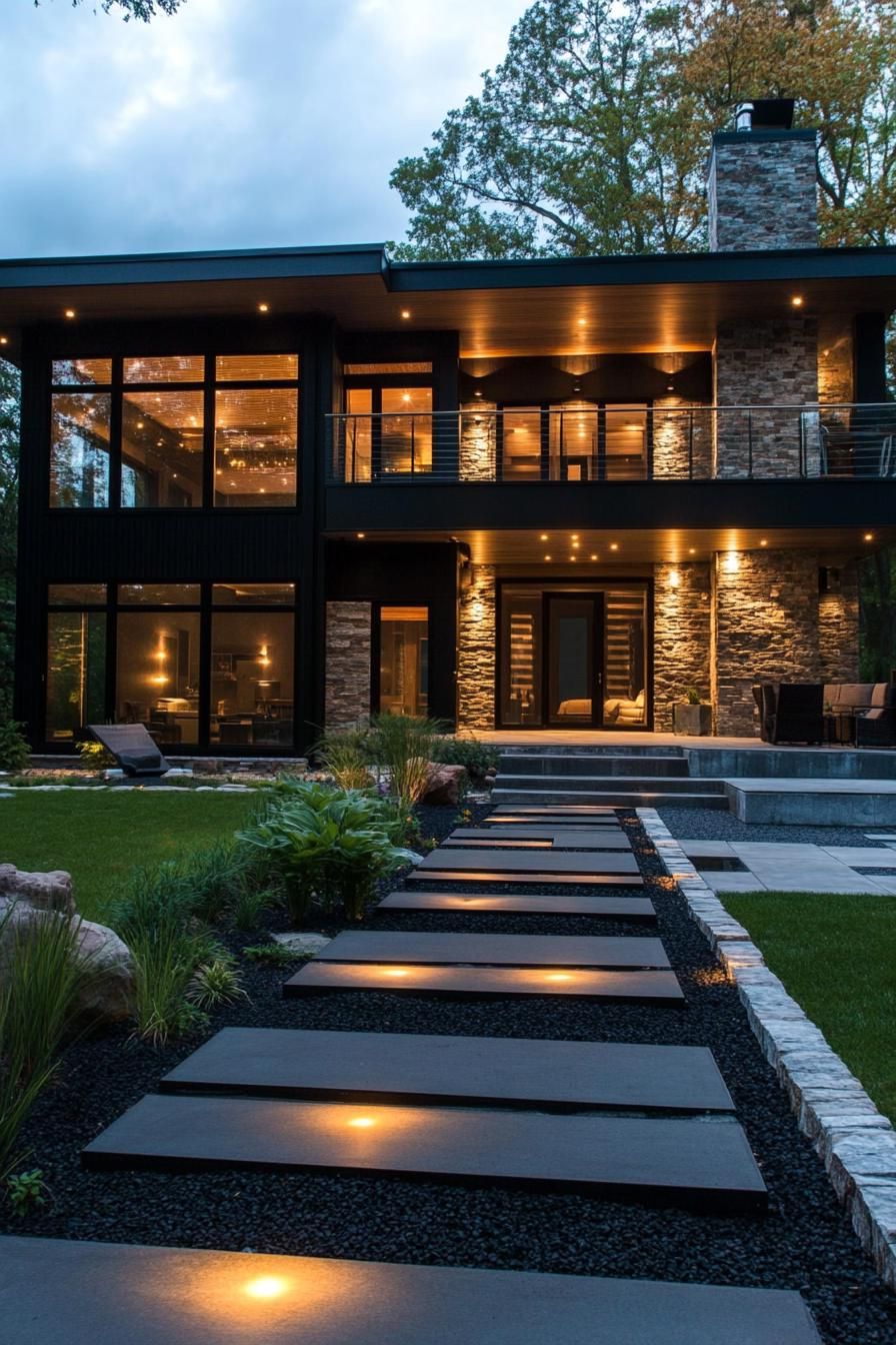 contemporary house exterior in black siding with accept stone wall full glass wall windows large balcony and porch LED lit eaves landscaping with 1