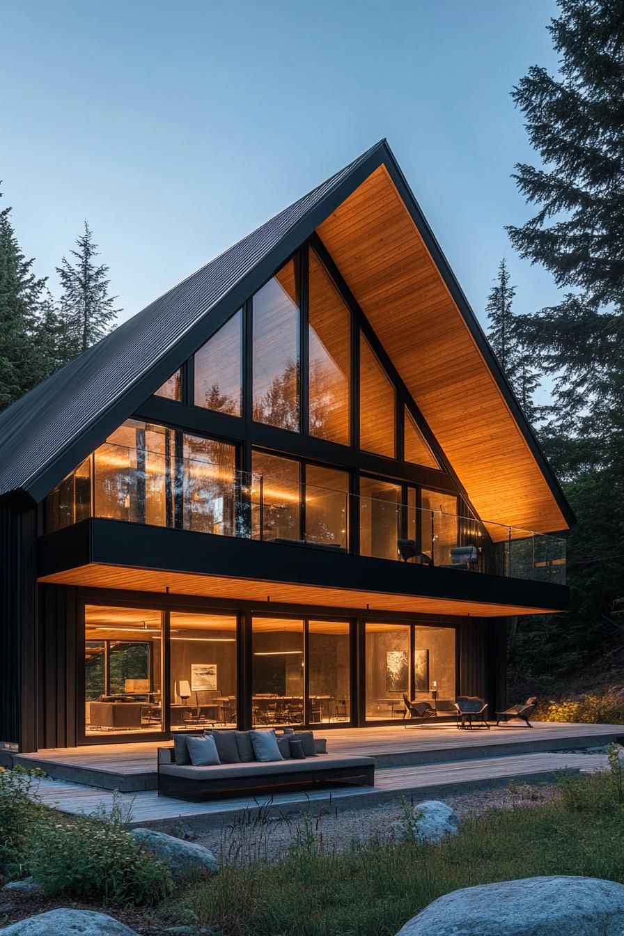 Modern barn house with large A-frame windows surrounded by tall trees