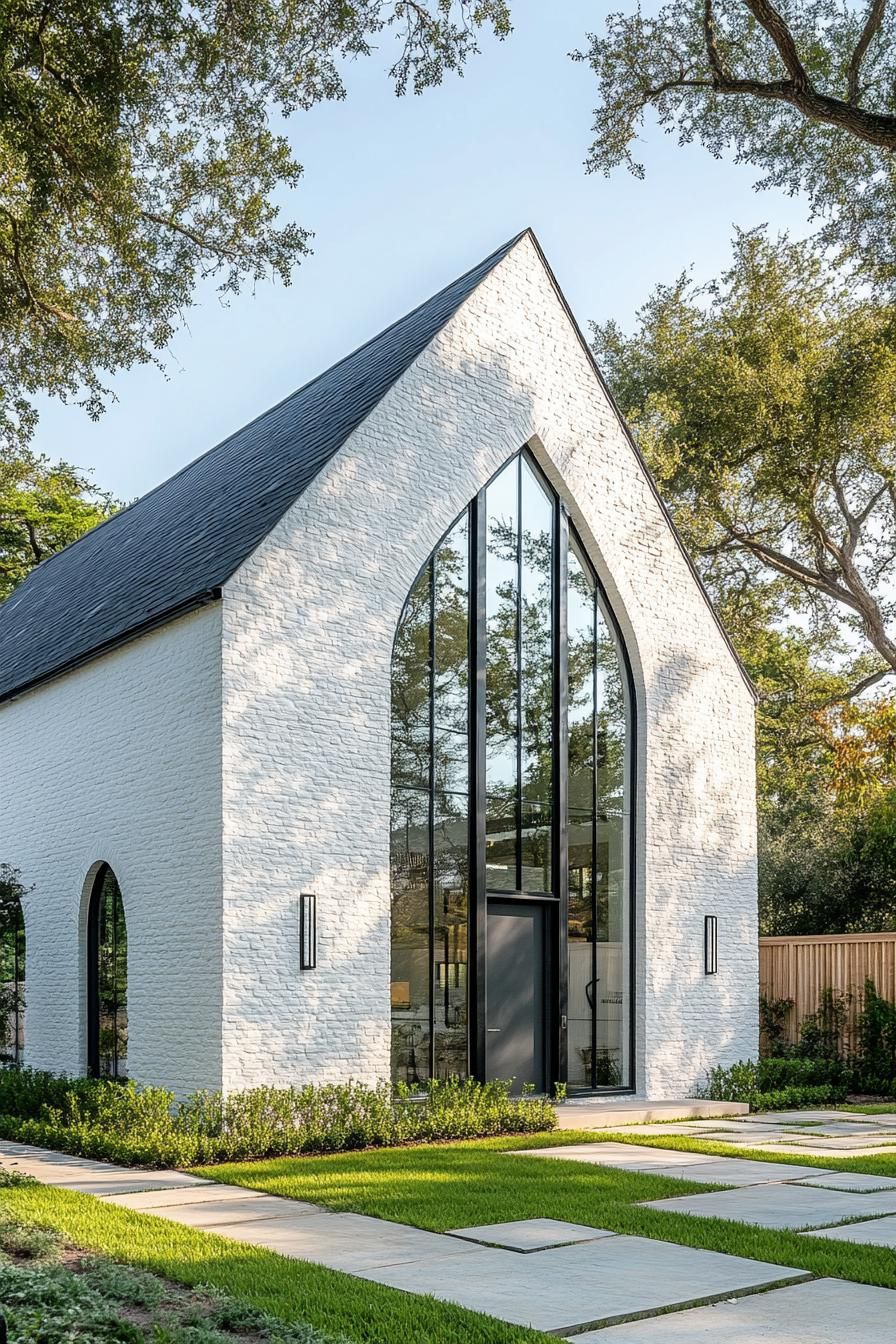 Sleek white brick house with tall arched window