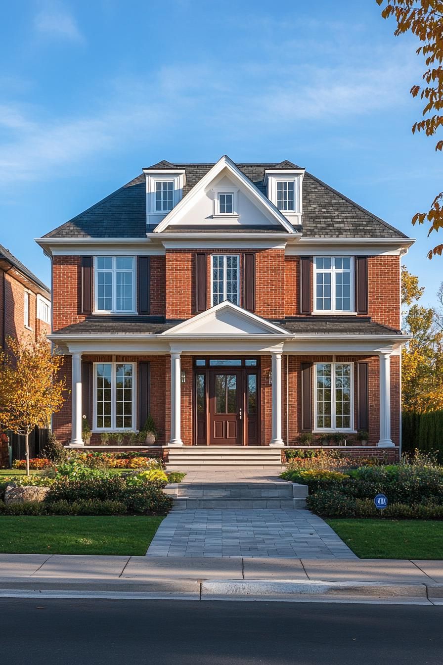 Red-brick Georgian house with white columns against a clear blue sky