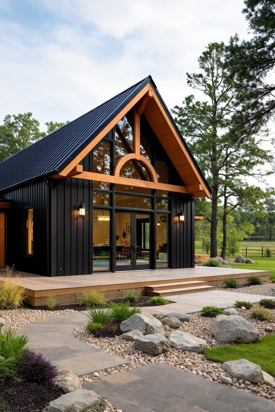 Modern barn house with large glass windows and wooden accents