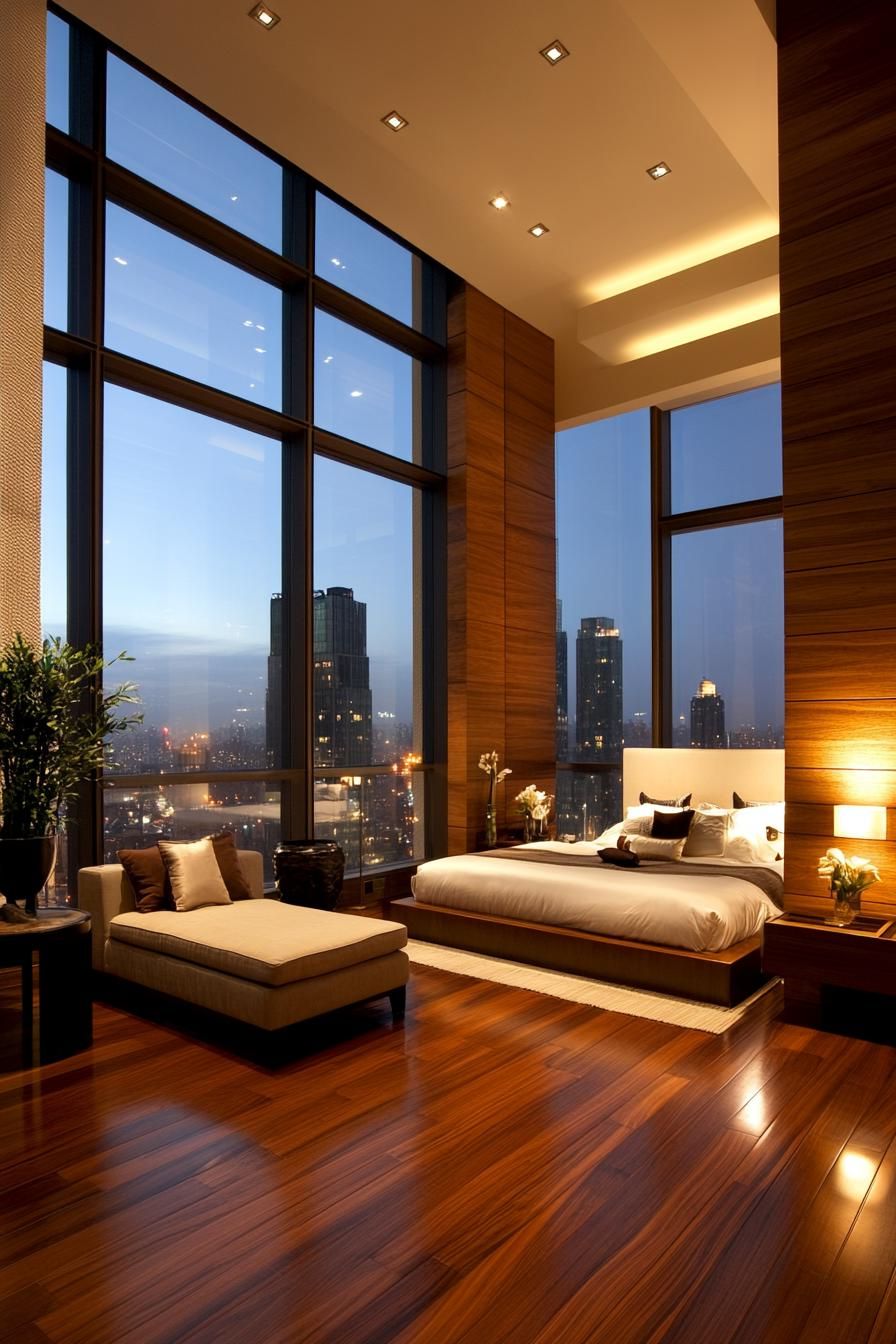 Luxurious bedroom with floor-to-ceiling windows and skyline view