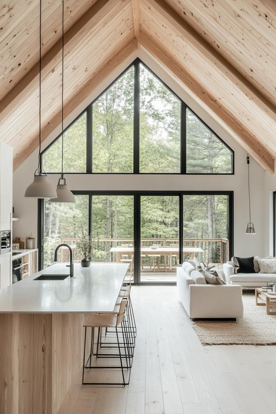 interior of an airy a frame house with light wood interior light natural wood ceiling white walls large windows with black trim open plan kitchen 3