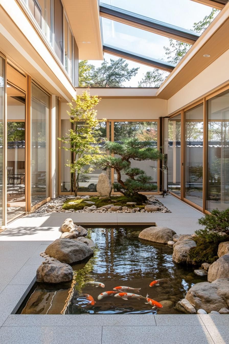 Japanese courtyard with koi pond and bonsai trees