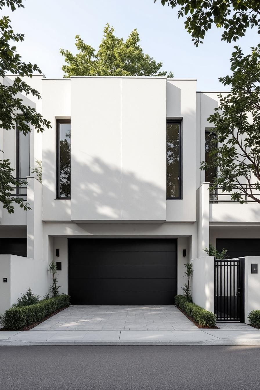 Modern white townhome with black garage door