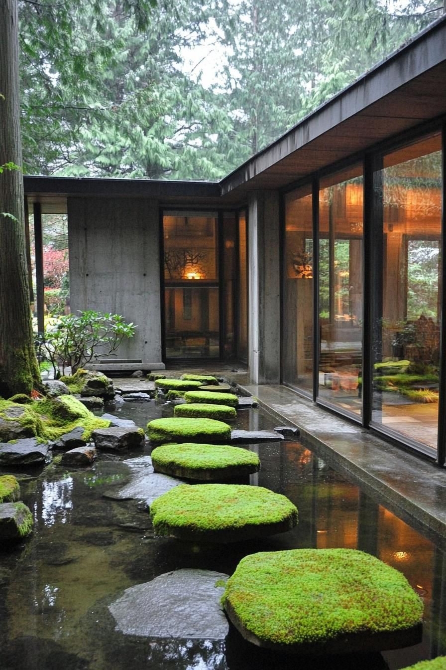 Japanese courtyard with stepping stones and lush greenery