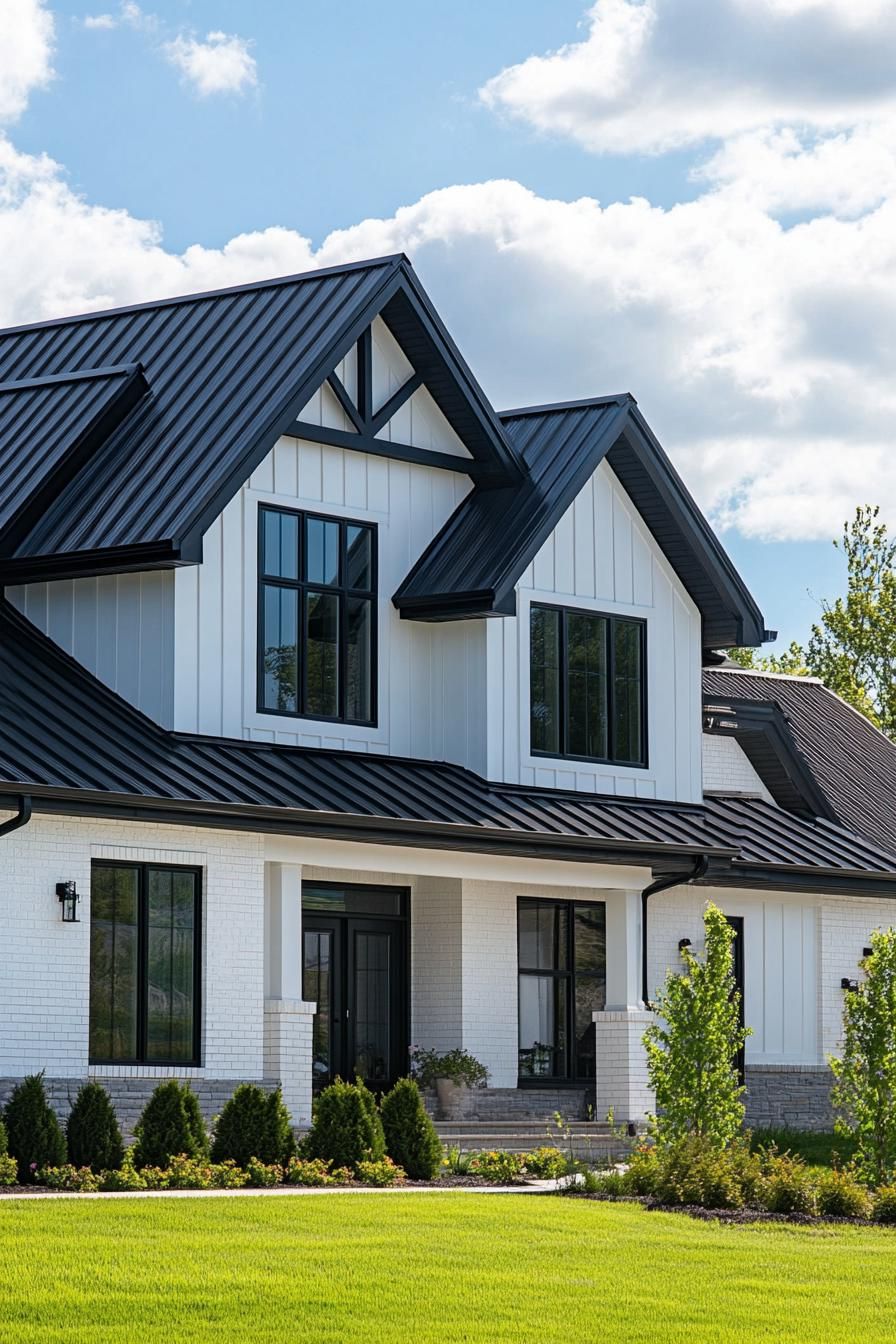 Contemporary house with black accents and lush green lawn