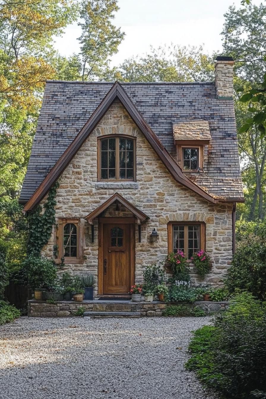 Stone cottage with a wooden door surrounded by plants