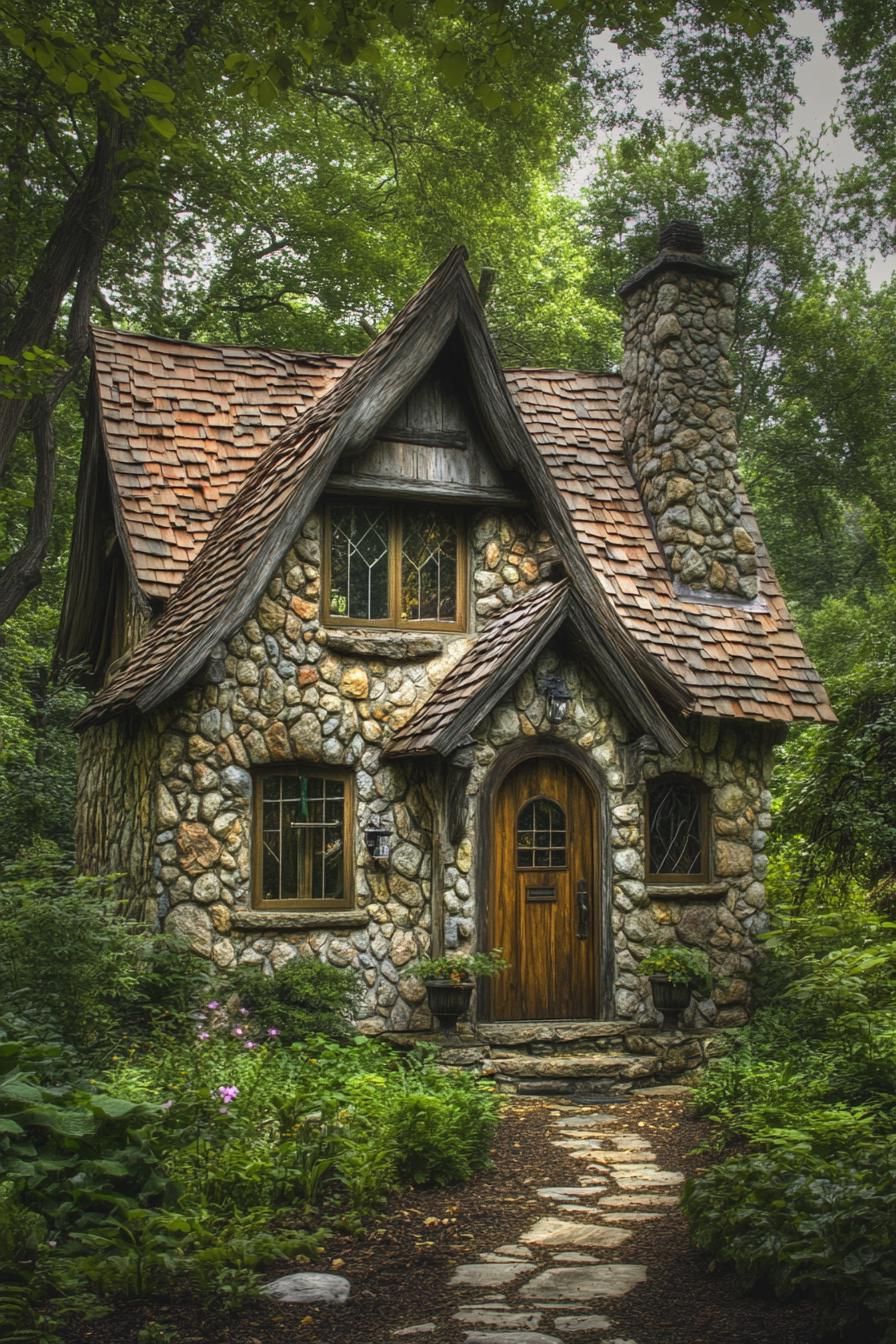 Charming stone cottage with a wooden door amidst trees