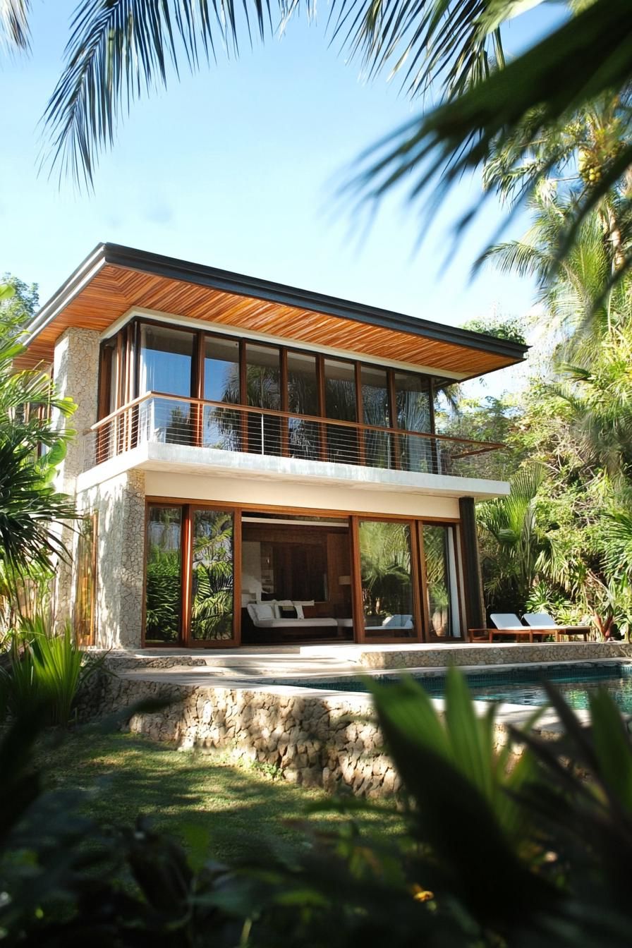 Modern tropical villa surrounded by lush greenery