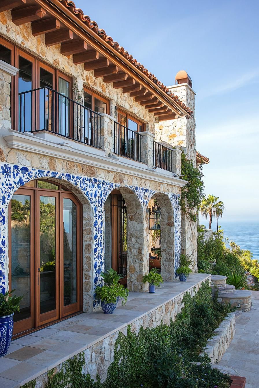 Seaside villa with stone facade and blue tile accents