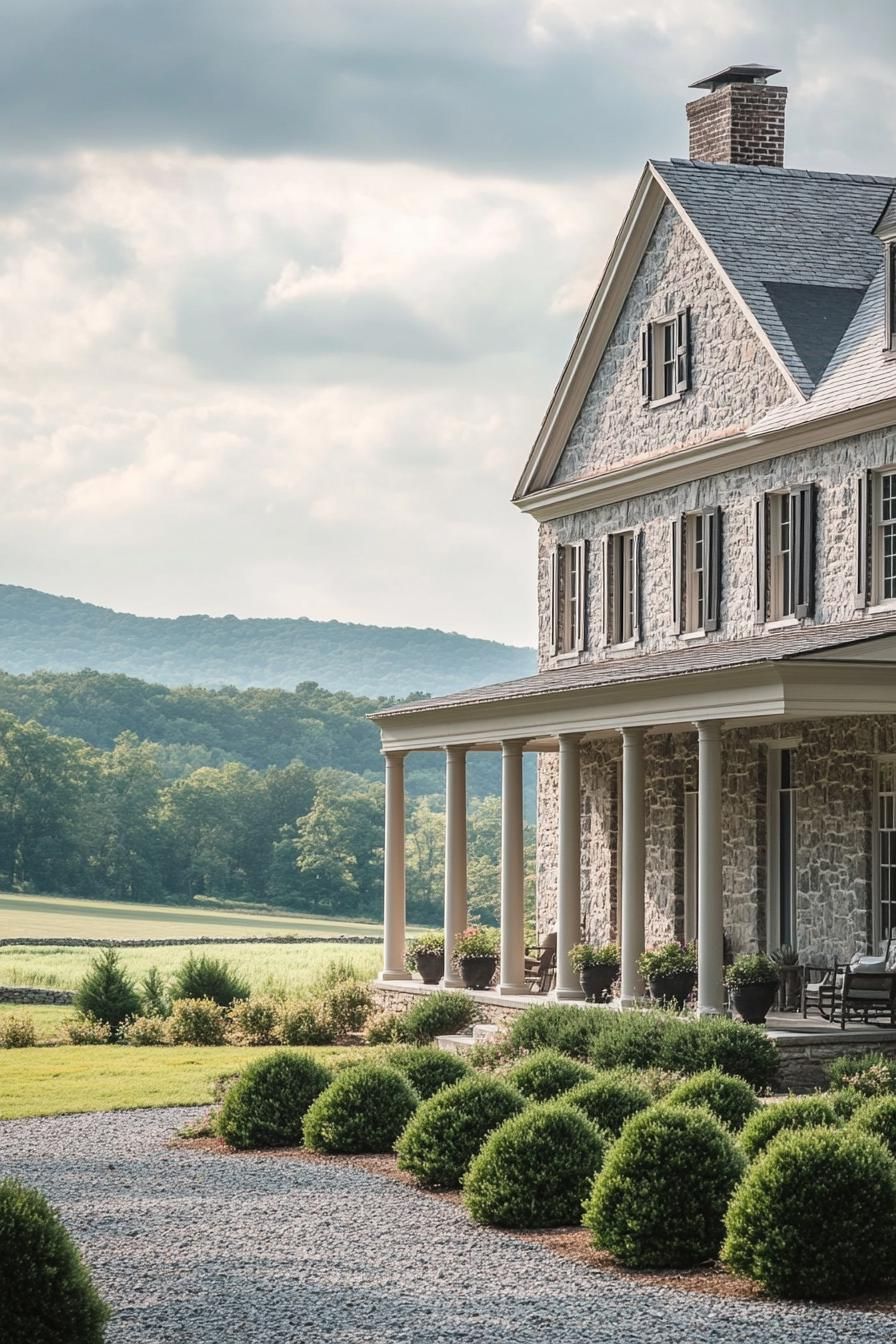 Stone house with columns and distant hills