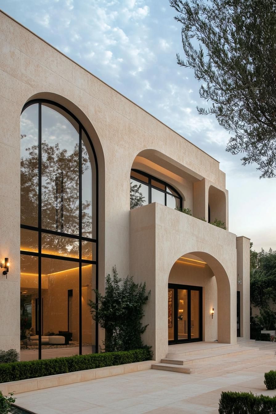 Elegant house with grand arches and olive tree