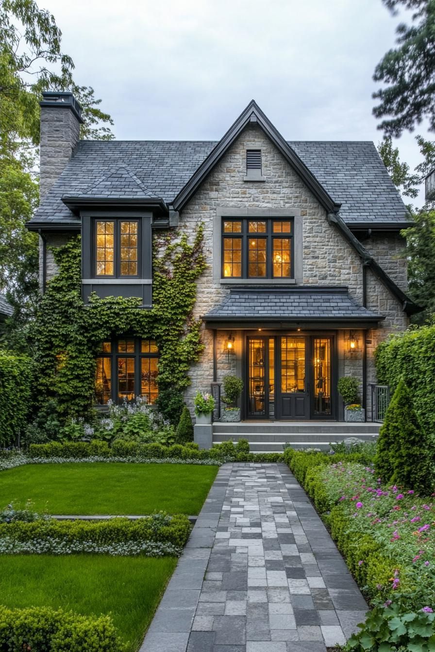 Charming stone house with ivy and glowing windows