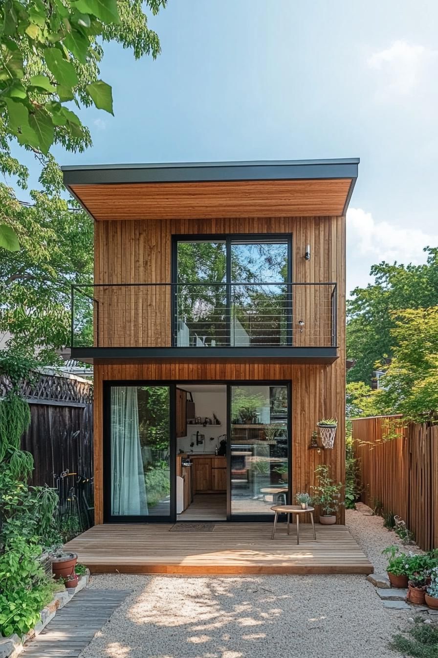 Two-story cedar shed house with balcony