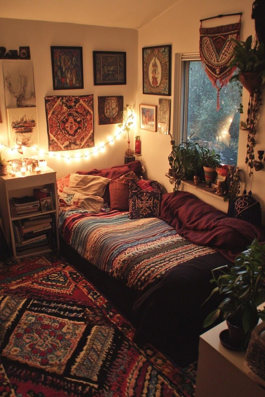 Cozy, plant-filled bedroom with vibrant textiles