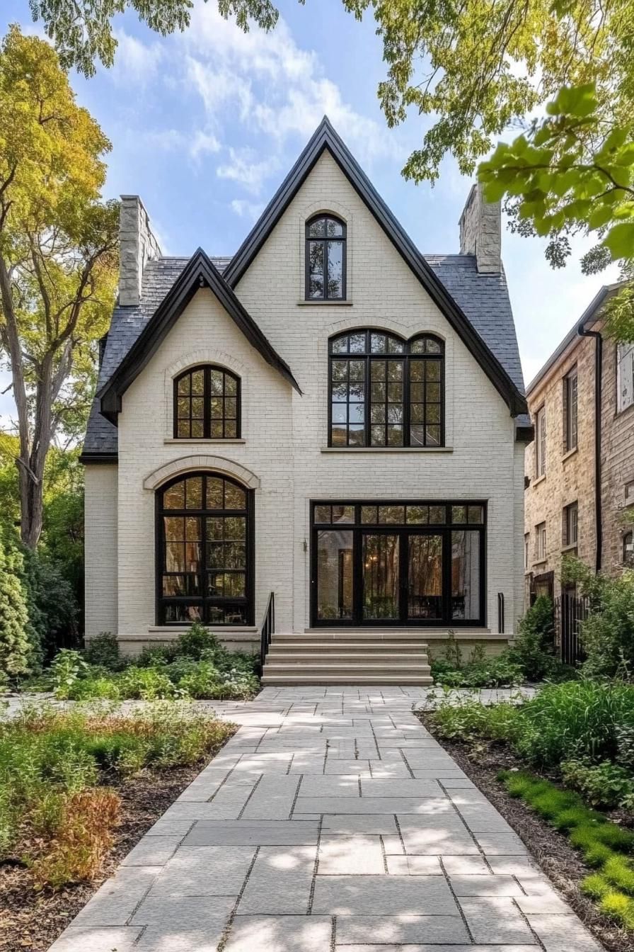 Modern Tudor house with arched windows and a stone path