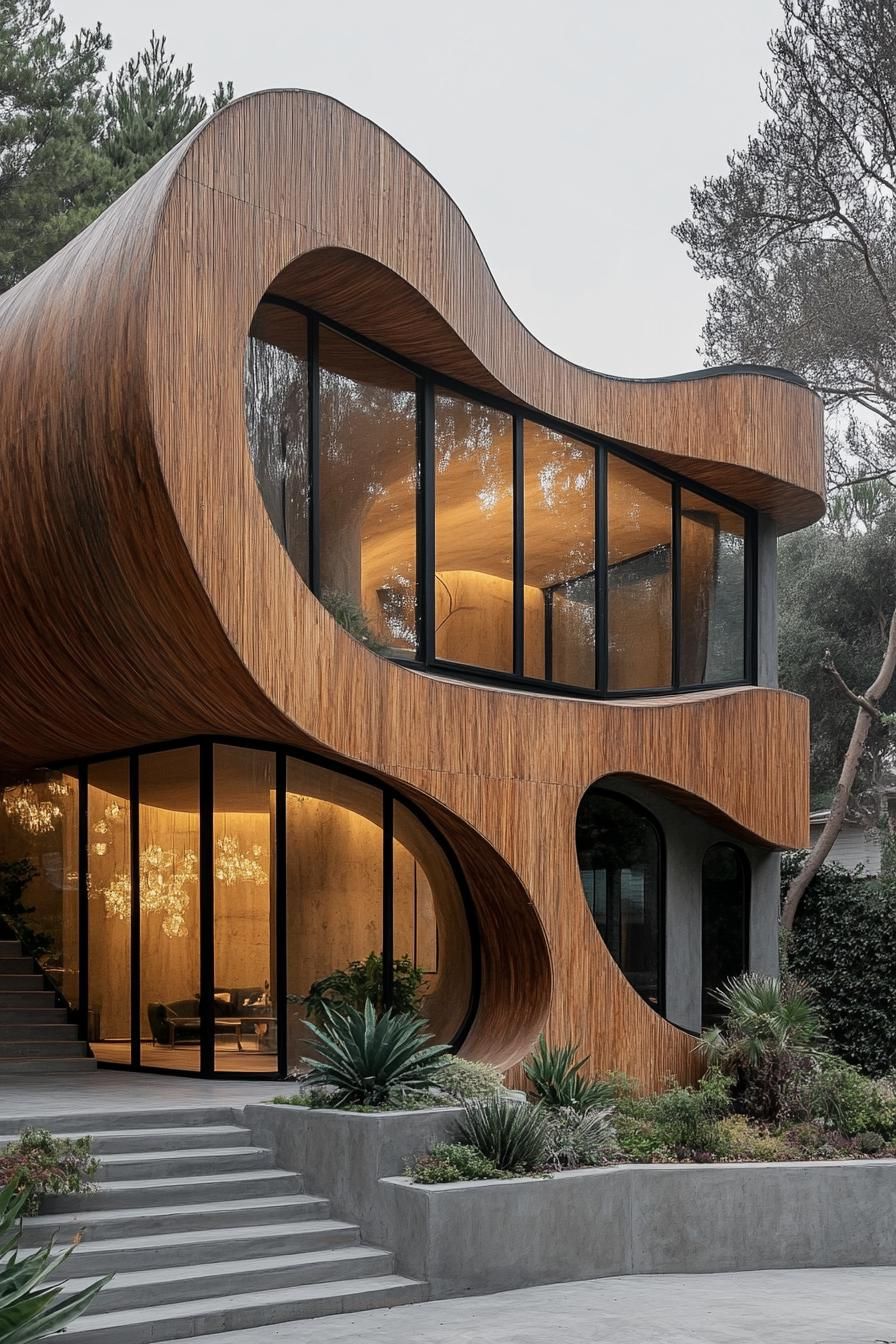 Elegant curves of a wooden house facade