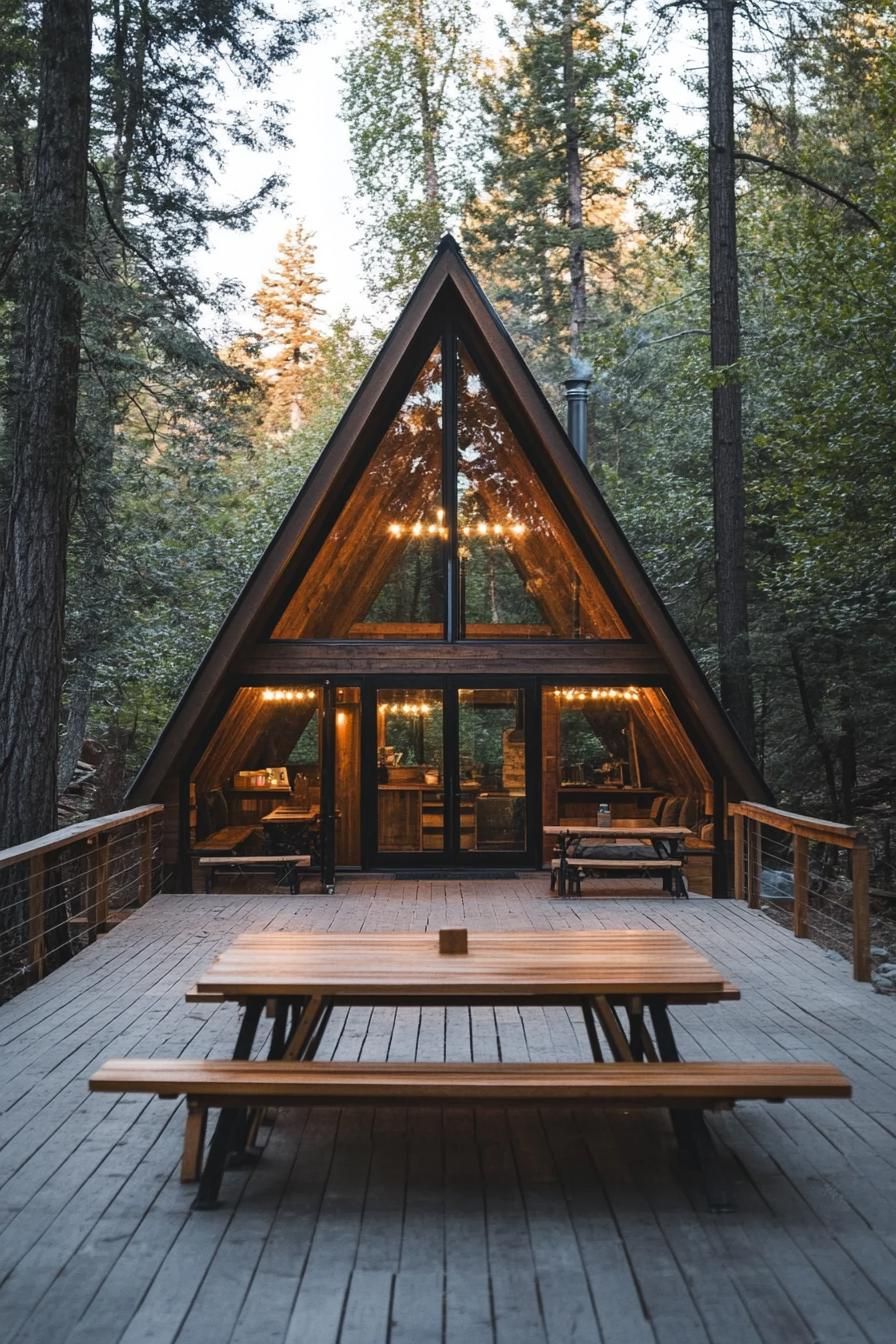 modern tiny a frame forest cabin on a large deck with benches built into the railings dining table with benches in the front 1