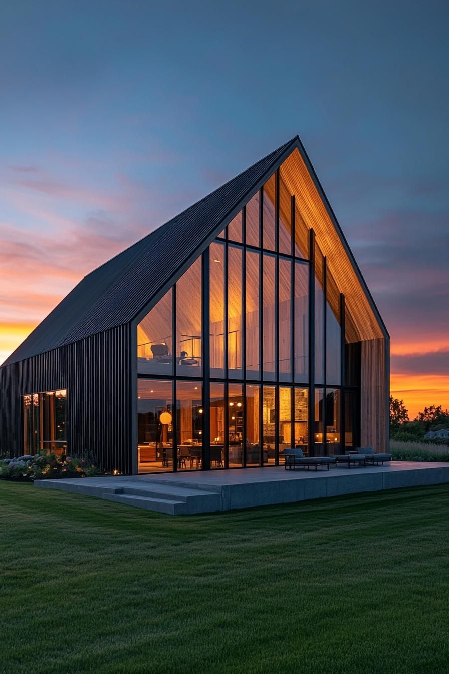 Modern barn house with large glass facade at sunset