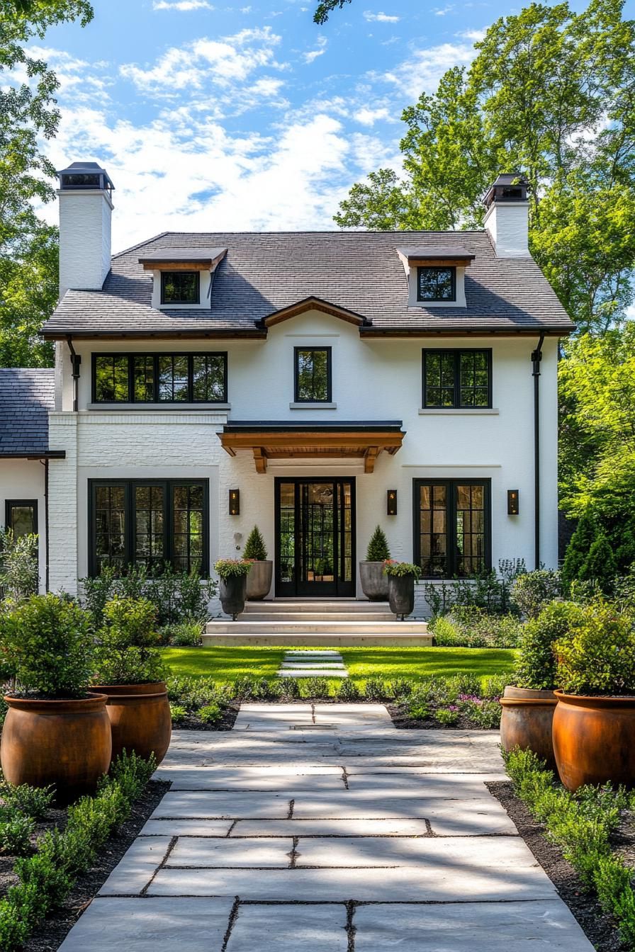 White brick house with dark roof and lush green garden