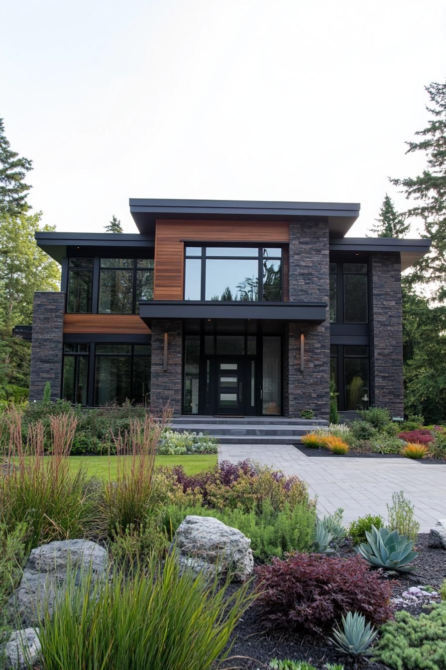 Contemporary house with brick and wood facade surrounded by lush plants