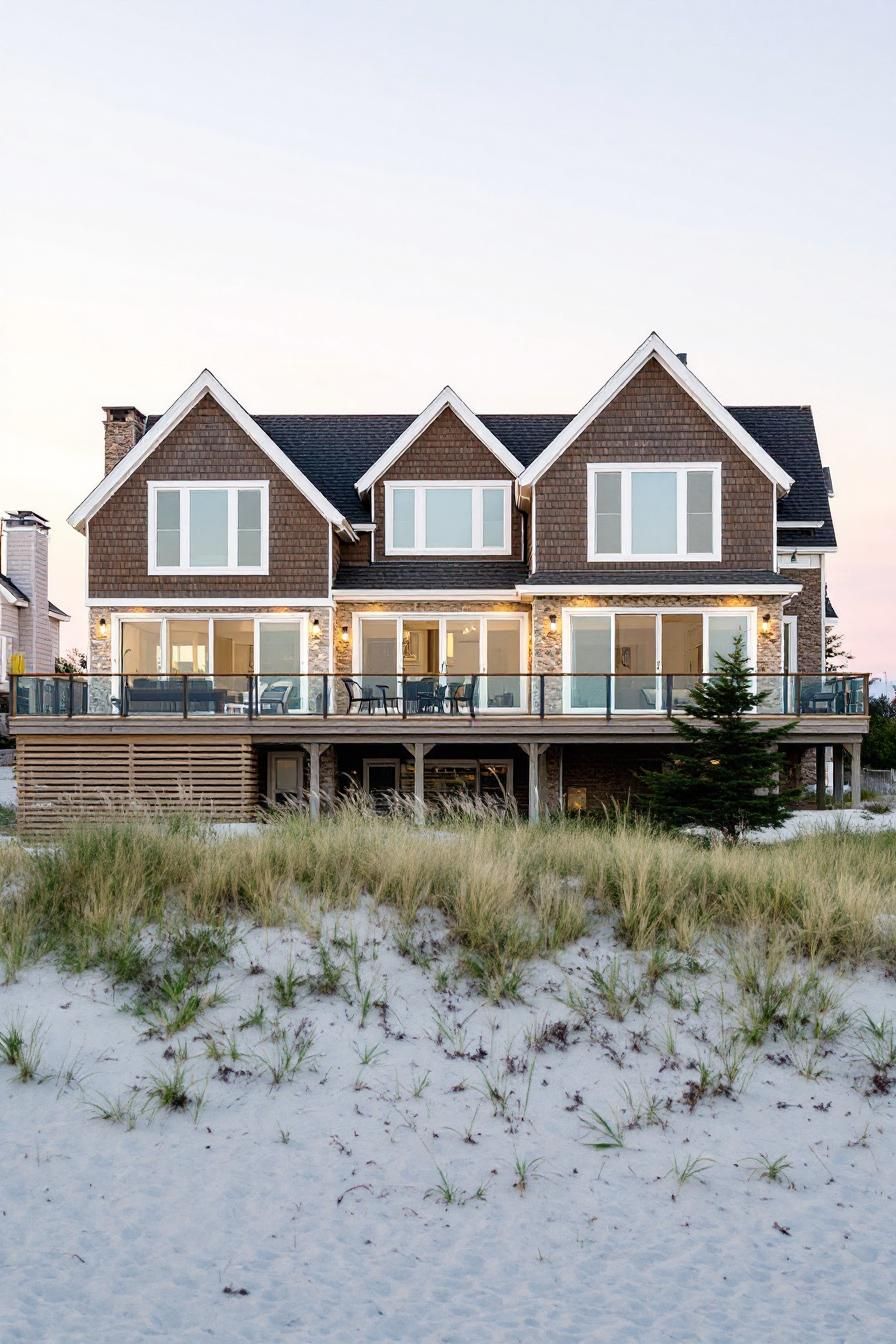 Elegant Hamptons-style house with grassy dunes in the foreground