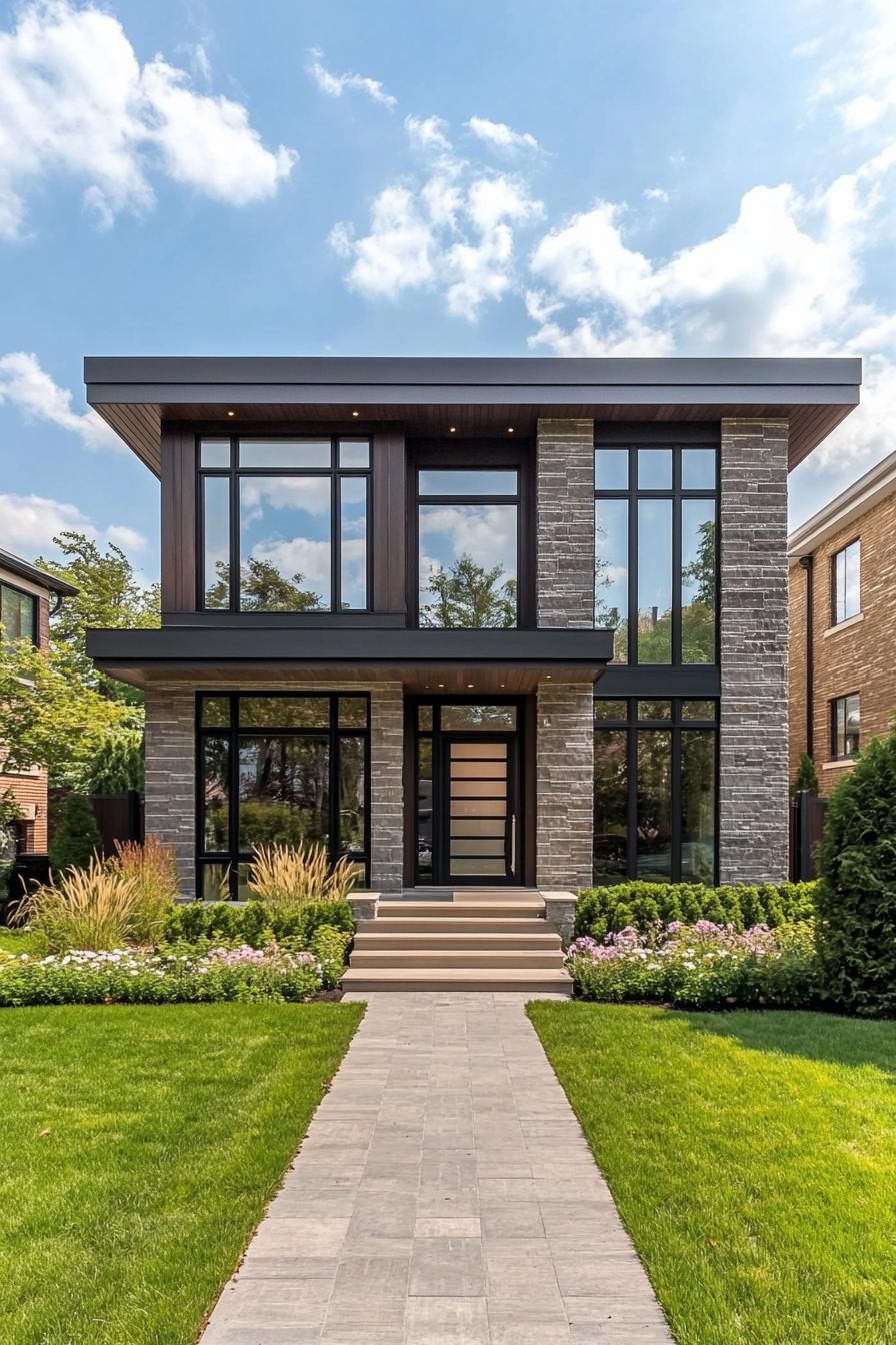 Modern house with stone facade and large windows