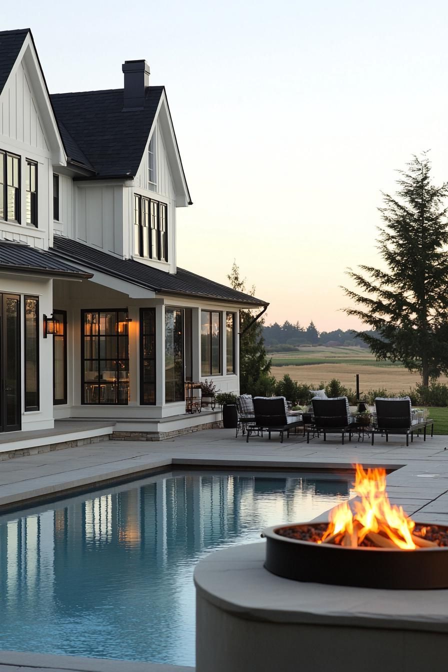 Modern farmhouse with poolside fire pit at sunset