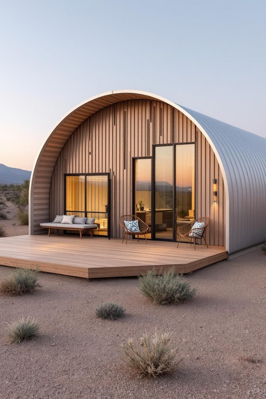 Cozy Quonset hut with a wooden deck