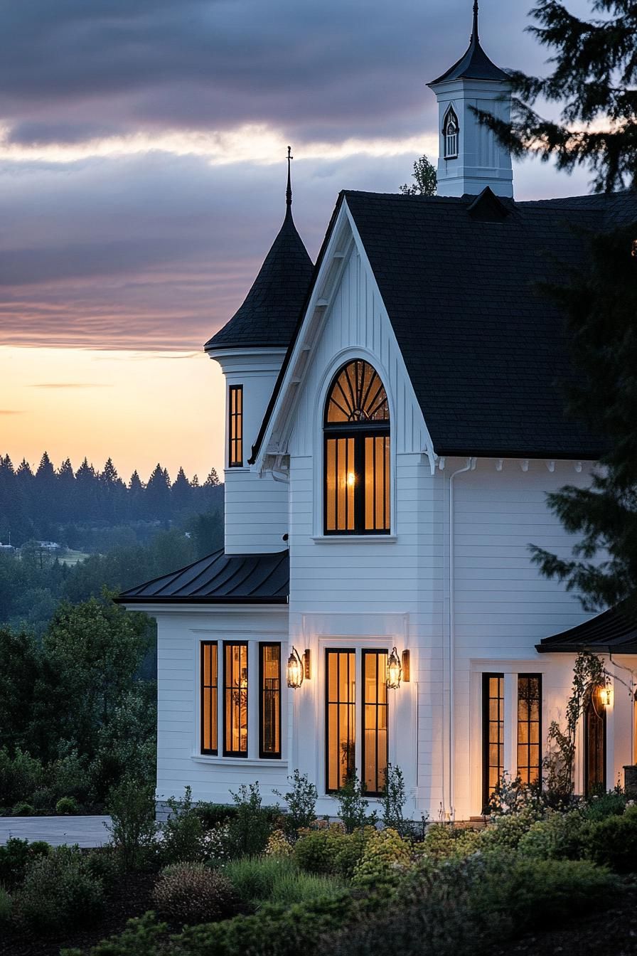 Gothic-style house with glowing windows at sunset