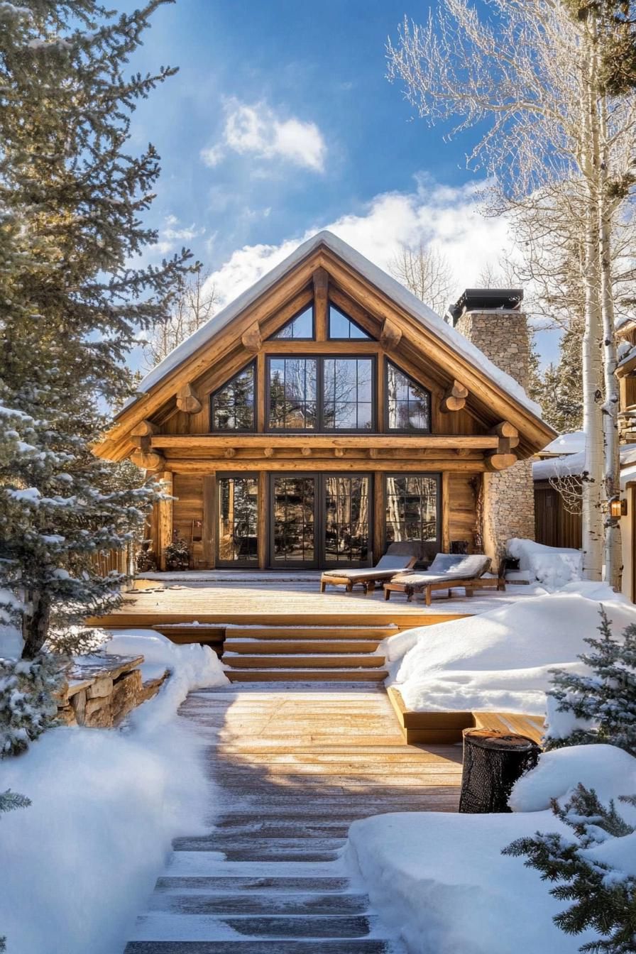 Snow-covered log cabin amidst a serene forest