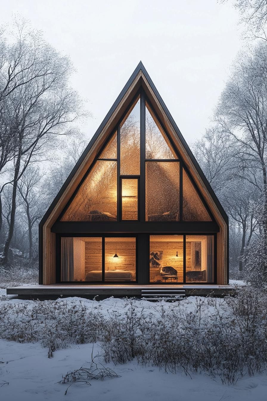 A-Frame cabin with glowing interiors in snowy woods