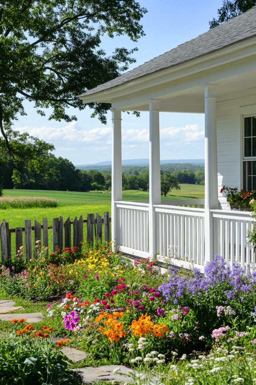 front porch of a white farmhouse overlooking picturesque farmlands and a flower garden with wooden fence 2