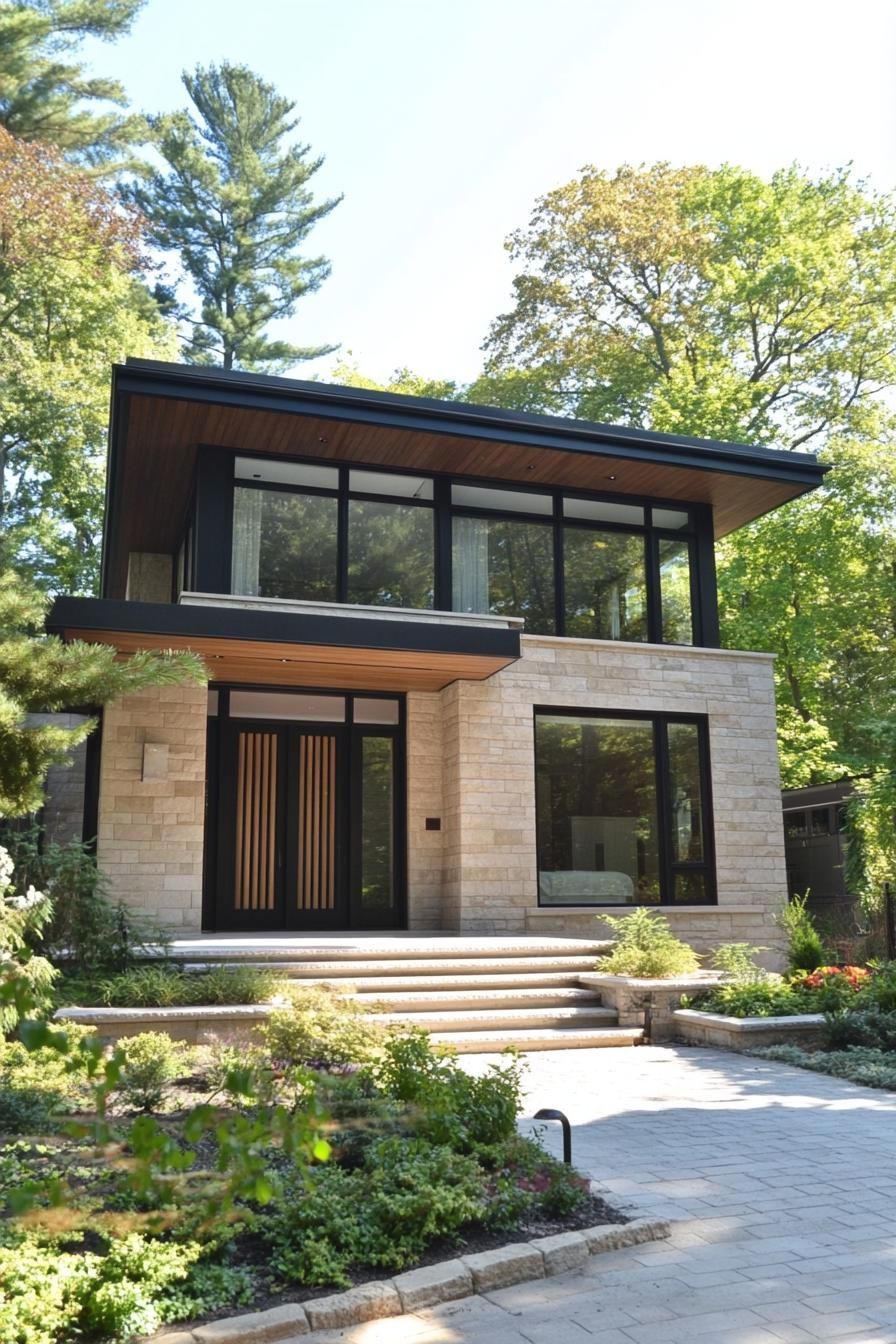 Modern house with stone and glass facade nestled in greenery