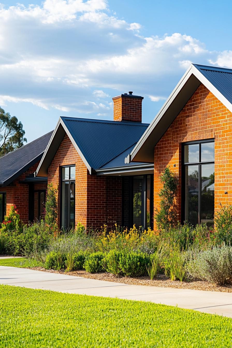 red brick village house with gabled roof large modern windows concrete paved front yard with lawn and native shrubs 1