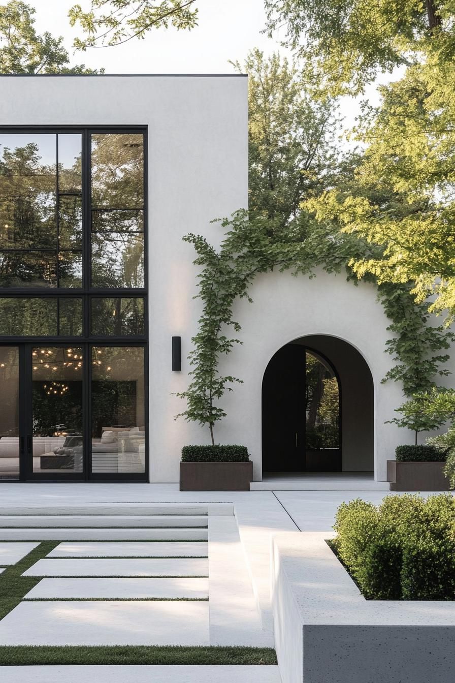 modern concrete villa with white stucco siding front arched windows and entryway vines on arches large modern windows in black trim front concrete