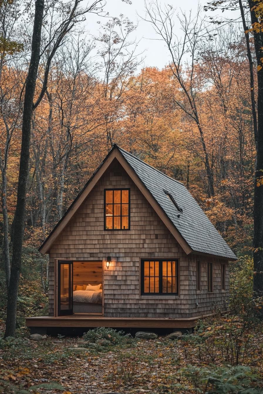 Small, inviting cabin nestled in autumn forest