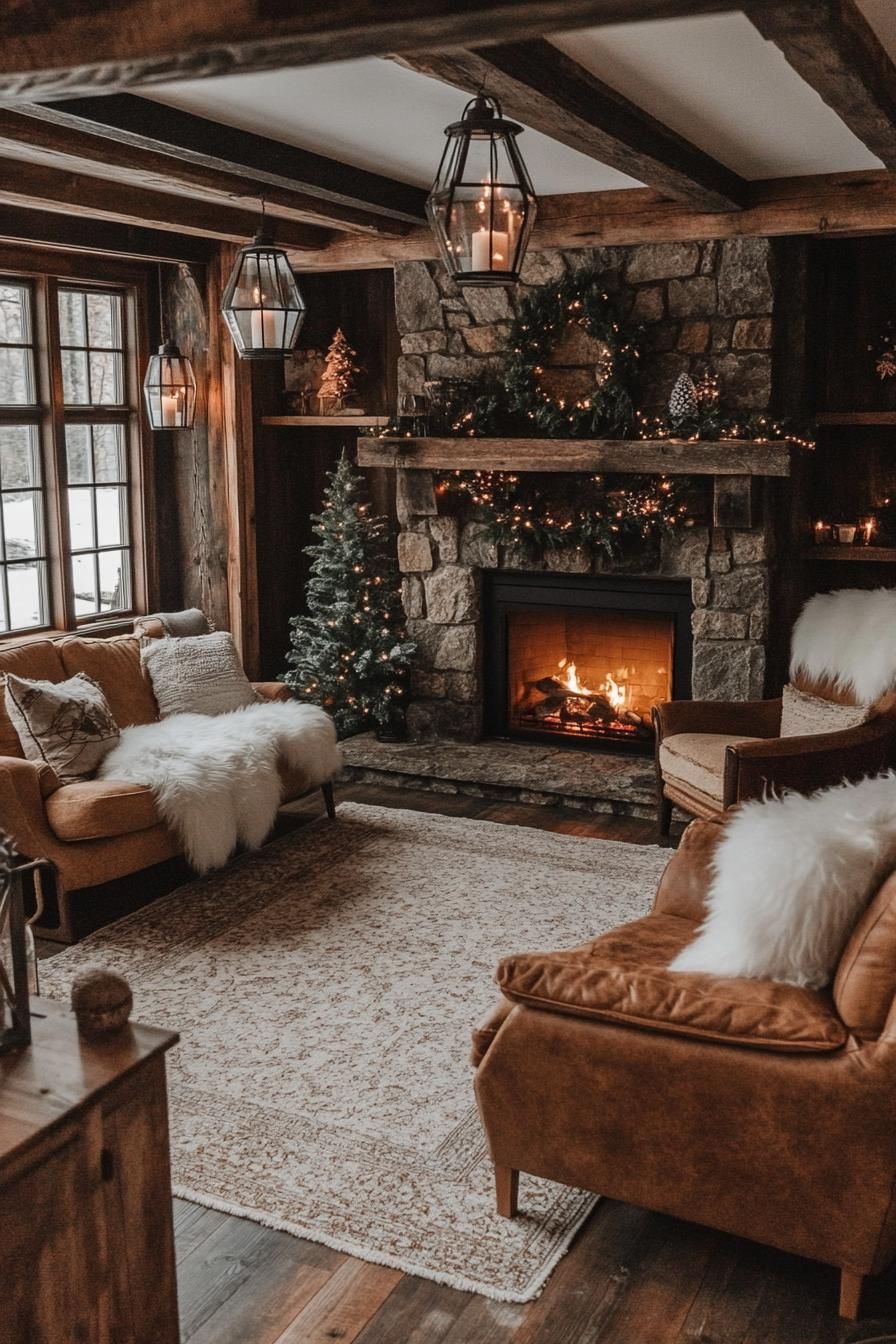 Rustic living room with stone fireplace and cozy sofas