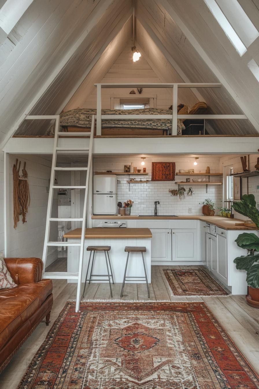 interior of a frame cabin windowless side lofted bedroom above a kitchen ladder stairs lead upstairs