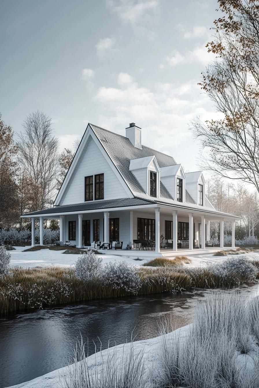 Traditional farmhouse with wraparound porch beside a tranquil stream