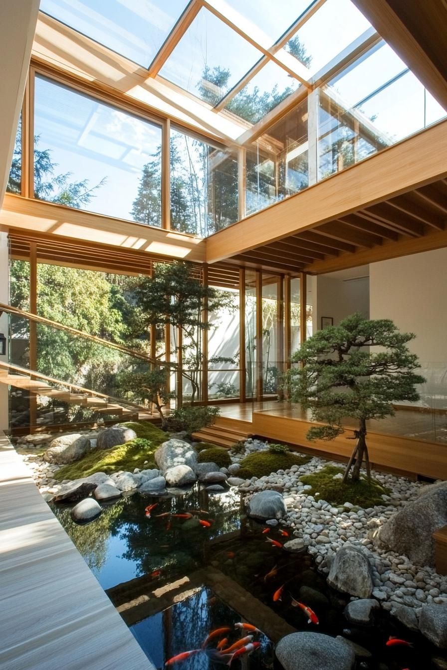 Japanese courtyard with koi pond and wooden beams