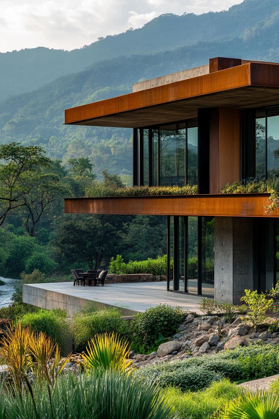 Flat roof house with lush greenery and mountain backdrop