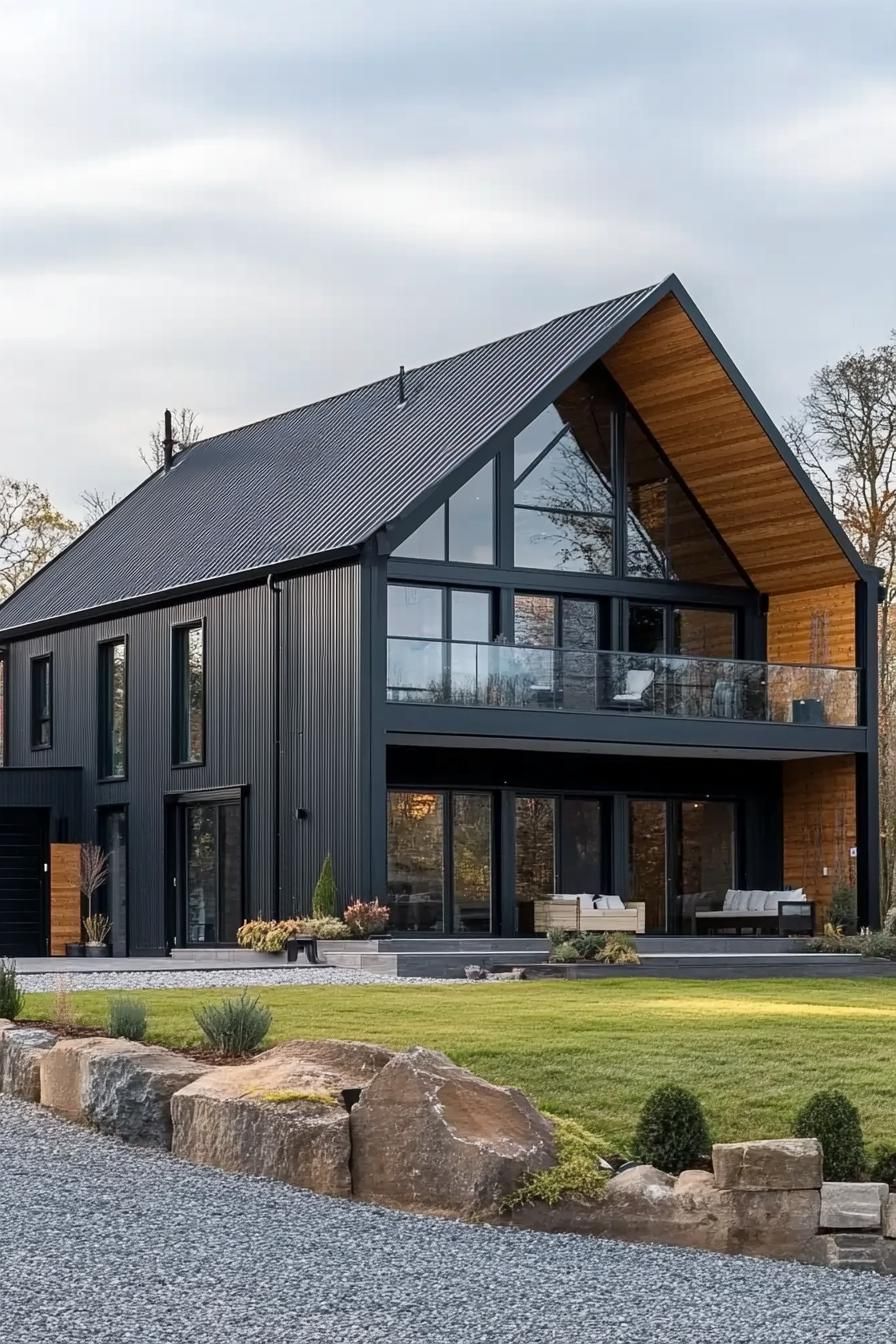 Modern barn house with large glass windows and manicured lawn