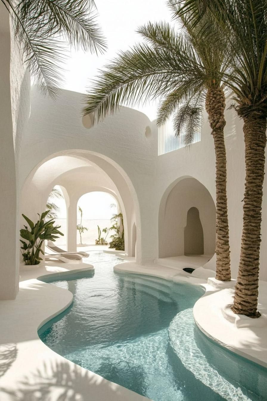 clean white modern courtyard with curvy pool round arches lone tall palms in corners dreamscape architecture 1