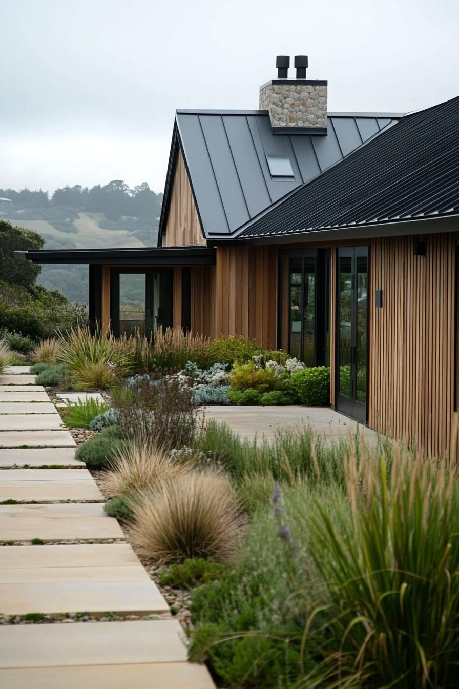 Modern long house with wood siding and a sleek roof, surrounded by lush landscaping