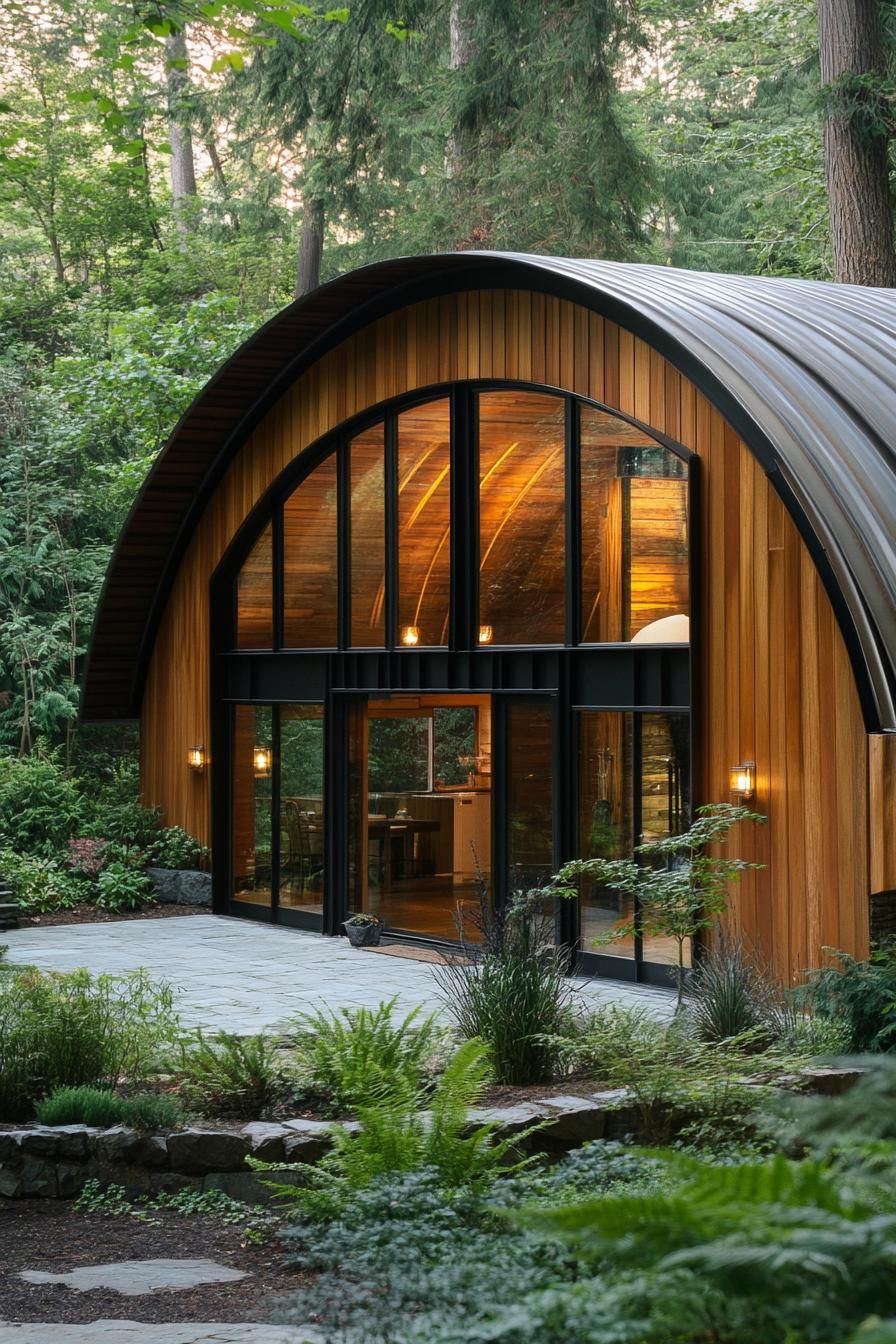 Modern Quonset home with large arched windows