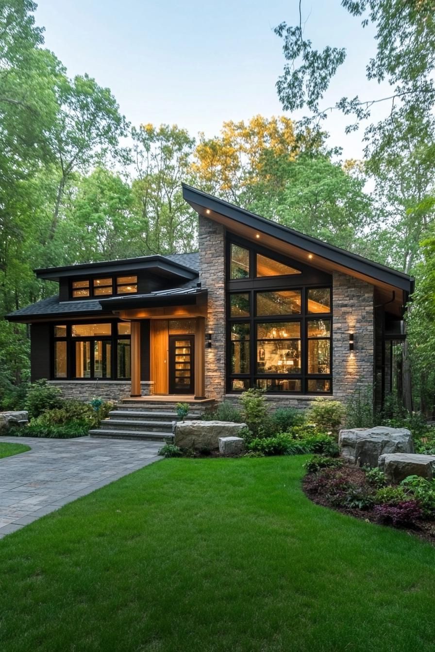 Sleek one-story home with large windows in a lush setting