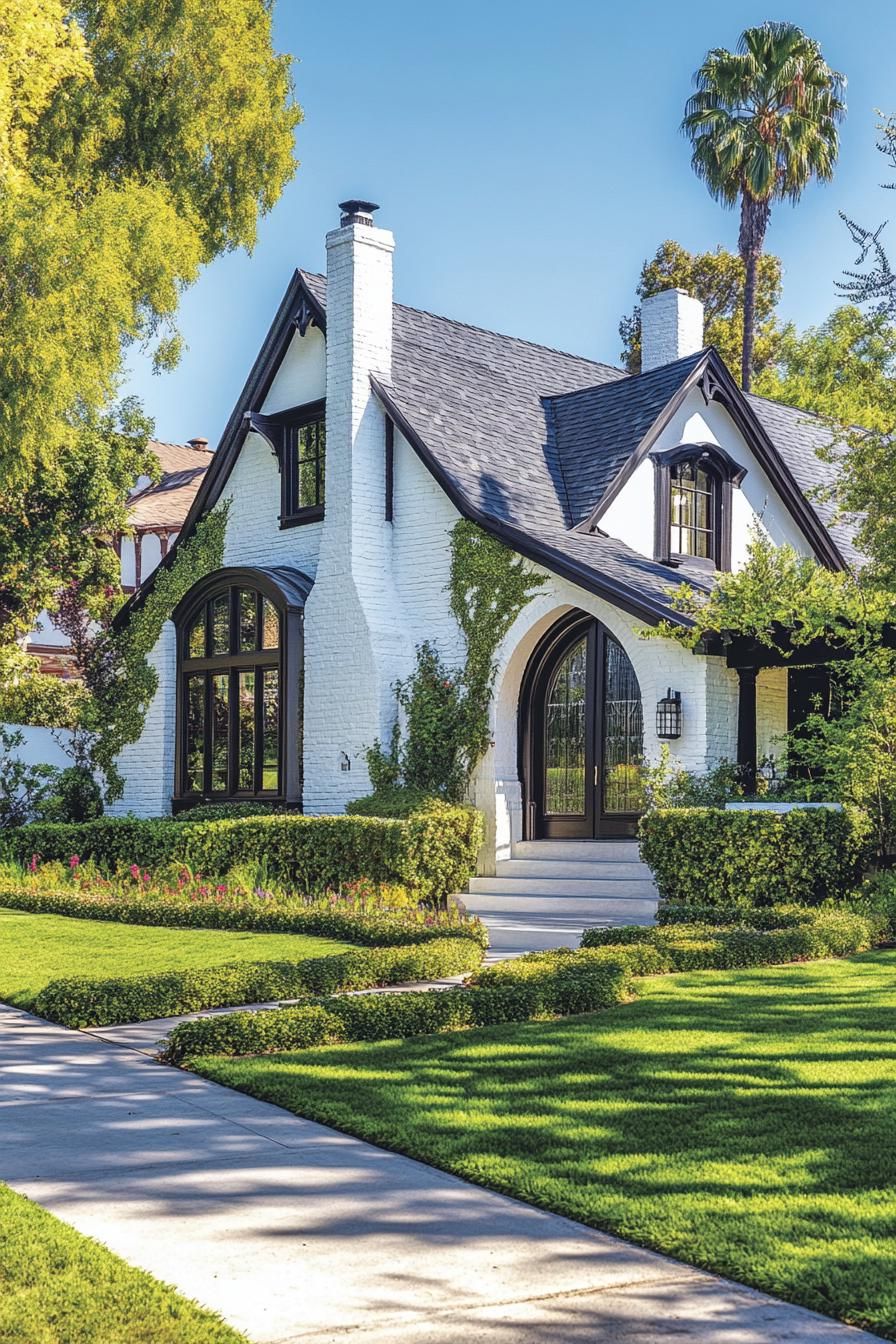 Modern Tudor home with white brick exterior, black trim, and lush greenery